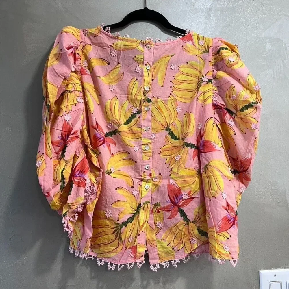 Anthropologie Farm Rio Banana Taste Applique Puff Sleeve Blouse Pink Small S NEW